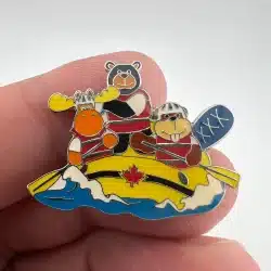 Canadian Moose Bear and Beaver Mascots River Rafting Lapel Hat Pin