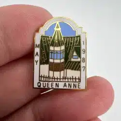 Vintage Queen Anne Lapel Hat Pin - May 1987 - Church with steeple