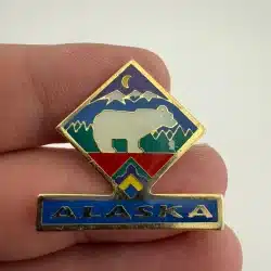 Multi Color Alaska Souvenir Pin With Bear, Green Trees, Mountains, and Moon READ