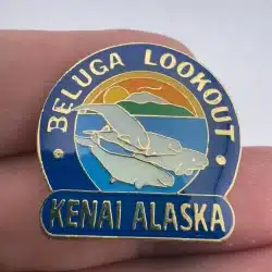 Beluga Lookout Kenai Alaska Pin with Sun, Mountains, Ocean, and 4 Beluga Whales