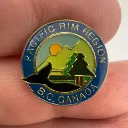 Pacific Rim Region B.C. Canada Lapel Pin with Whale, Trees, Mountains, and Sun