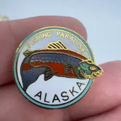Fishing Paradise Alaska Lapel Hat Pin with Salmon - Gold Tone