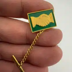 Hand Shake Tie Tack Pin - Gold Tone on Green Background - Nice Pin