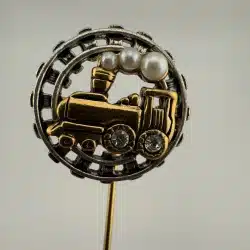 Train Locomotive Gold & Silver Tone Stick Pin With Faux Pearls and Stones