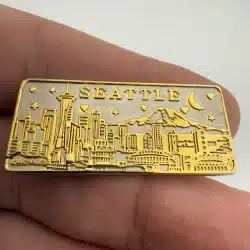 Alternative view of Seattle Skyline Lapel Hat Pin with Space Needle, Mt. Rainier, Stadiums, and more