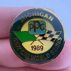 1989 Michigan Indy Car World Series Pin - PPG Sponsor Green and Checkered Flag