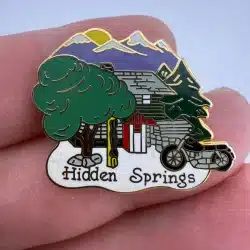 Hidden Springs Screwback Pin with Mountain Range, Trees, Motorcycle - Idaho?