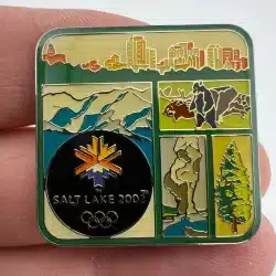 Salt Lake City 2002 Olympics Pin with Skyline, Animals, and more *scratch marks*