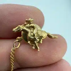 Cowboy On Horse Tie Tack Pin With Chain / Bar - Gold Tone