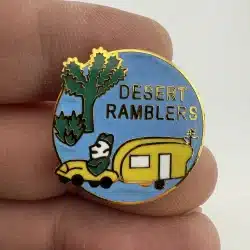 Vintage Desert Ramblers Lapel Hat Pin with car, camper, and cactus tree