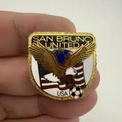 San Bruno United Soccer Pin with Globe, Eagle, Flag, and Soccer Ball