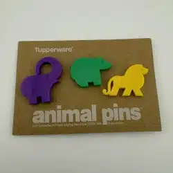 Tupperware Brand Animal Pins Set - Purple Elephant, Green Bear, Yellow Lion