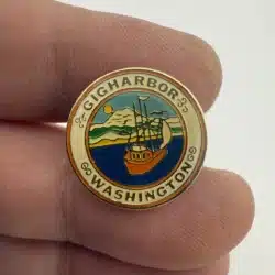 Gig Harbor, Washington Travel Souvenir Pin - Water, Boat, Birds, Mountain, Sun