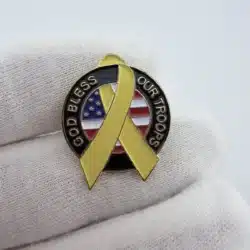 Gold Bless Our Troops Yellow Ribbon And Flag Pin