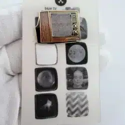 Woodgrain TV Television Pin with 7 Unused Lenticular Stickers