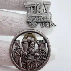 1998 Hallmark Train Locomotive Pin + Toy Soldier Snowman Train Pin