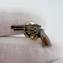 Revolver Pistol Gun Lapel Pin - Black with Gray / Brown Grip