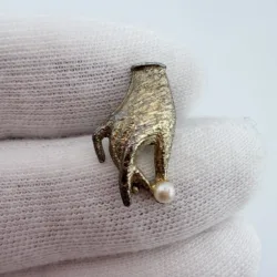 Trifari Hand Holding Faux Pearl Pin - Sterling Silver